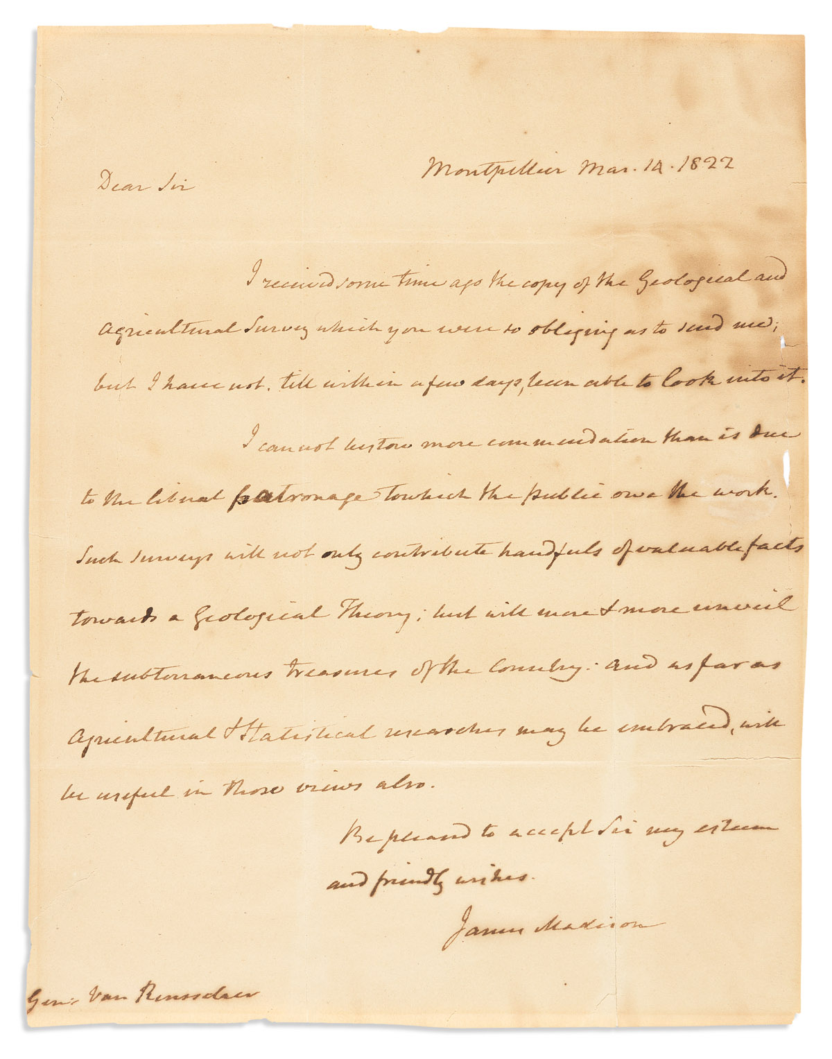 MADISON, JAMES. Autograph Letter Signed, to Representative Stephen Van Rensselaer (Dear Sir),